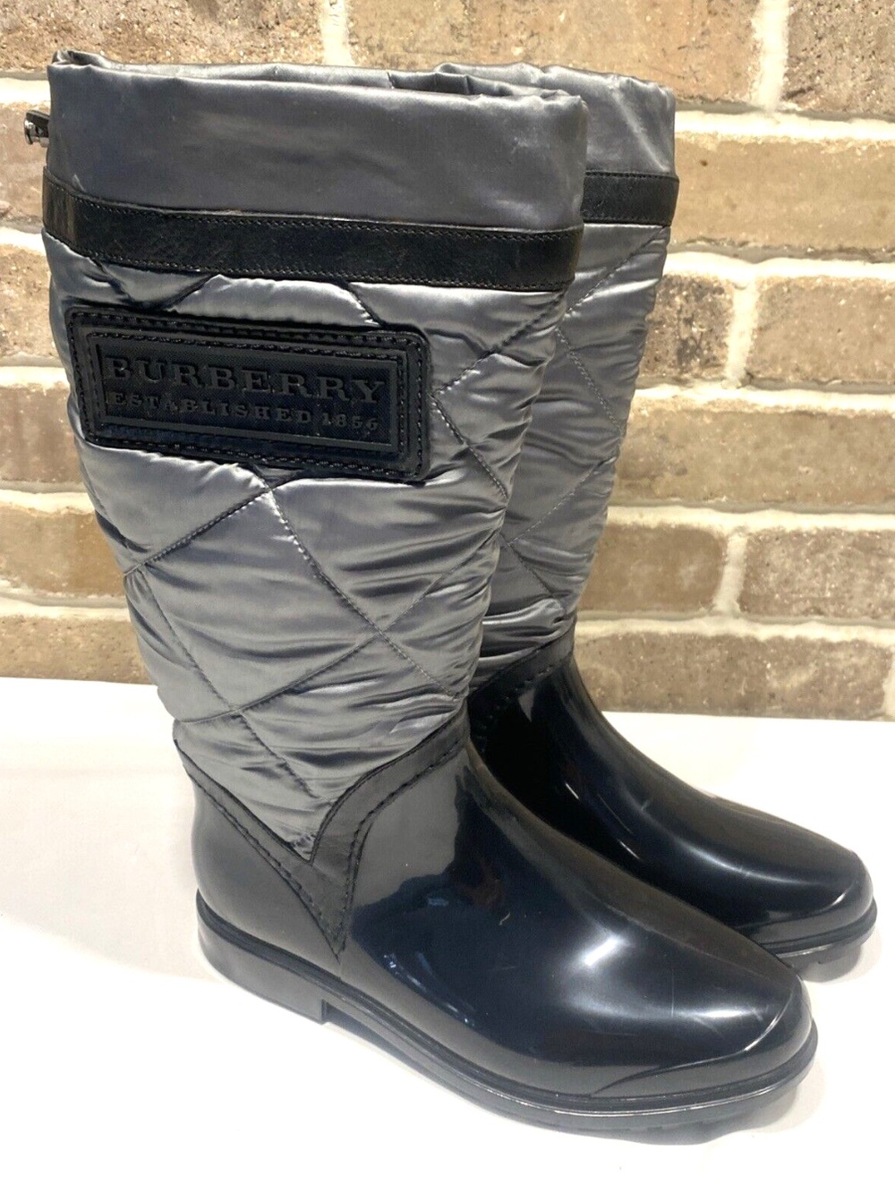 Burberry Black Patent & Gray Quilted Women's Rain Boots